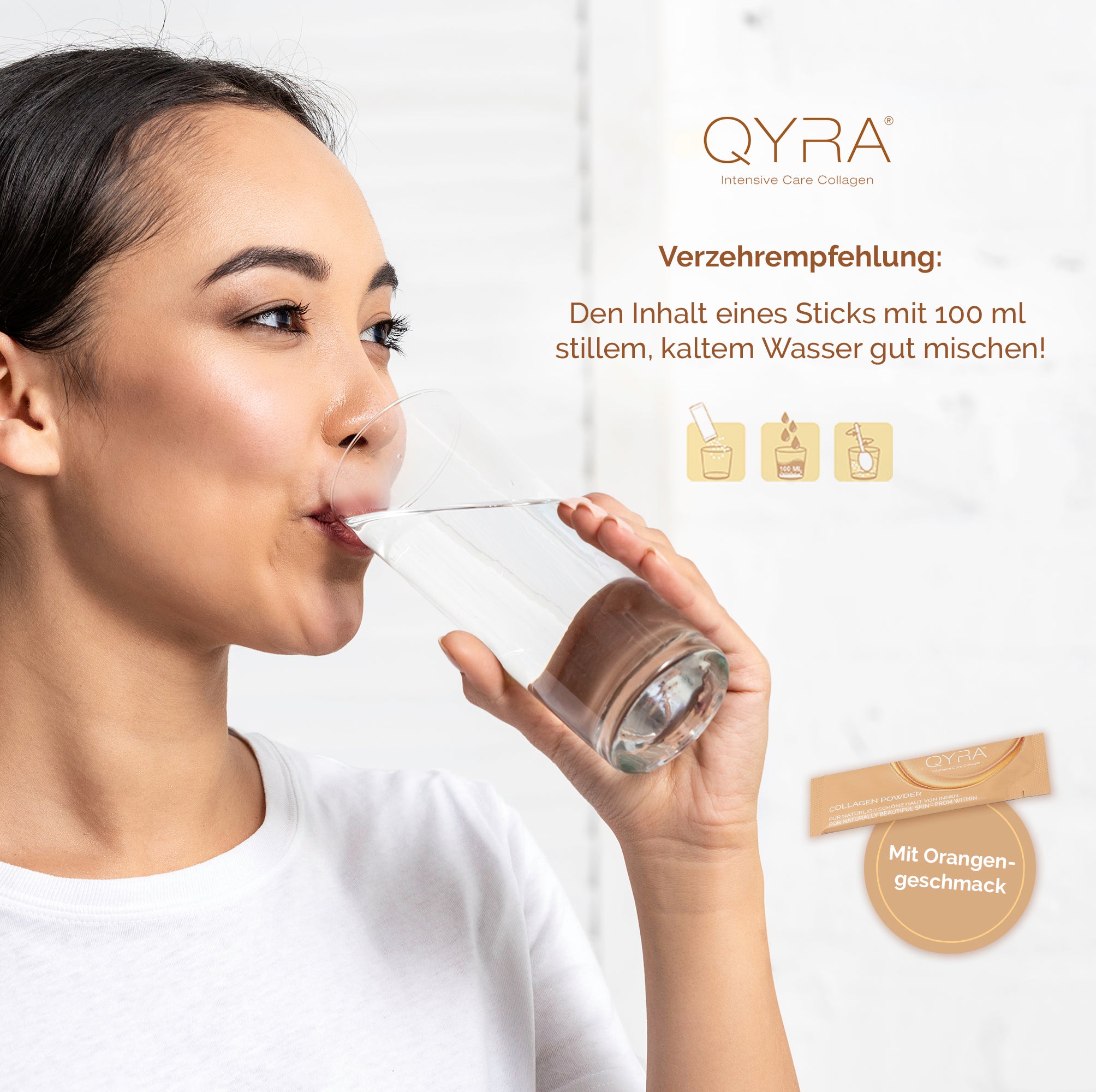 Anleitung zur Zubereitung von QYRA Kollagen Pulver – 100 ml Wasser + 1 Stick mit Orangengeschmack