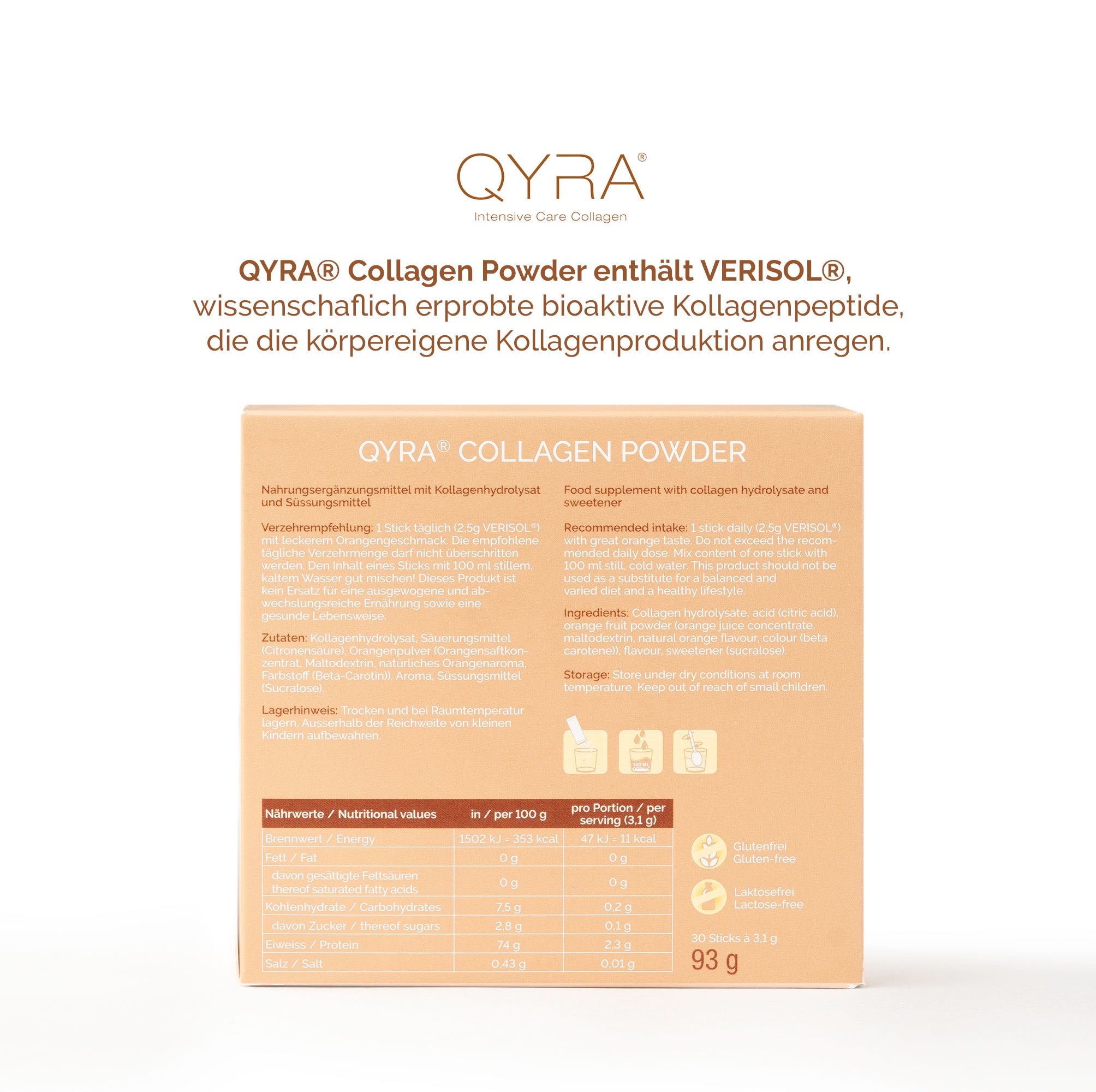 Rückseite der Verpackung mit Zutaten, Nährwertangaben und Lagerhinweis des VERISOL® Kollagenhydrolysats