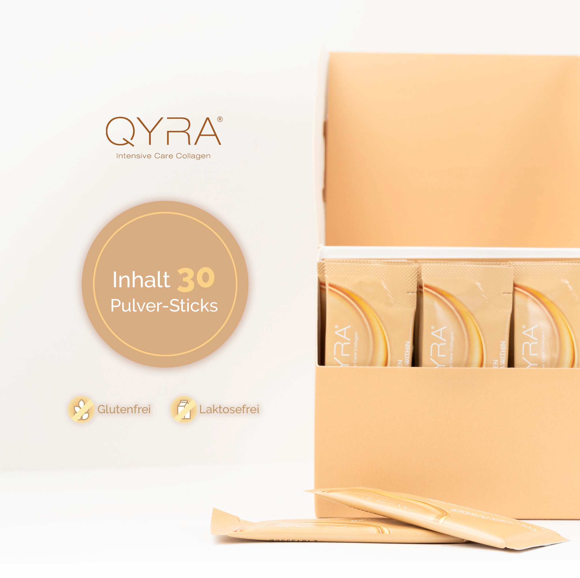 Box mit 30 QYRA Kollagen Sticks – laktosefreies und glutenfreies Kollagen Pulver für die tägliche Anwendung
