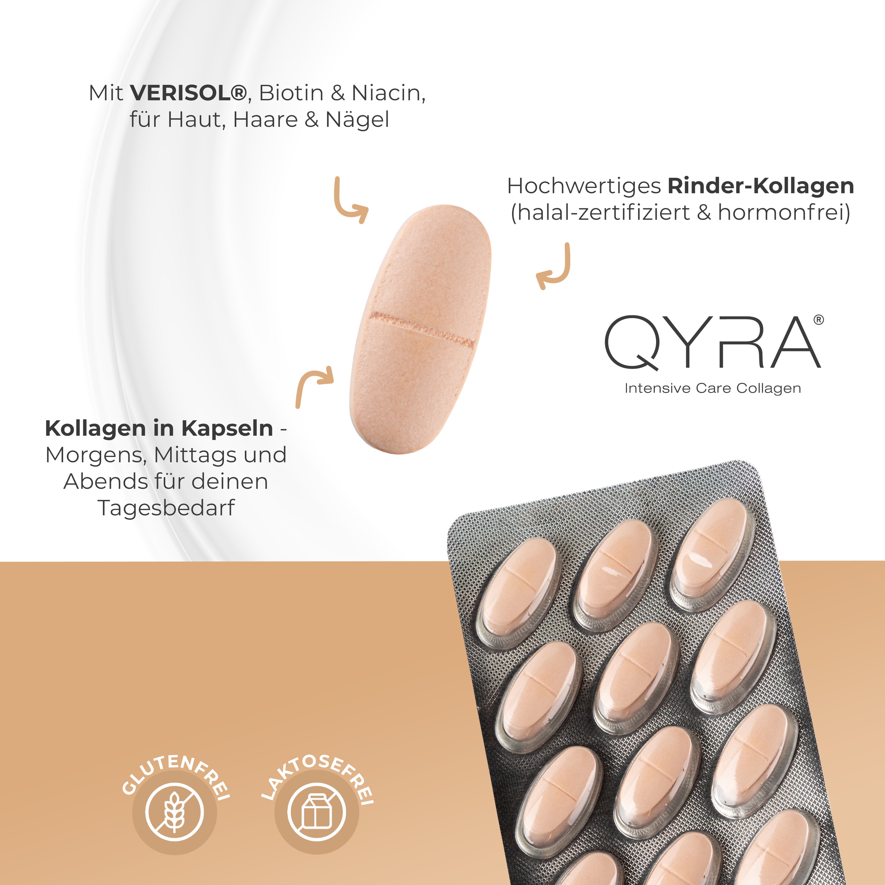 QYRA Kollagen Tablette in der Hand – kompakte Kollagen Kapseln für unterwegs