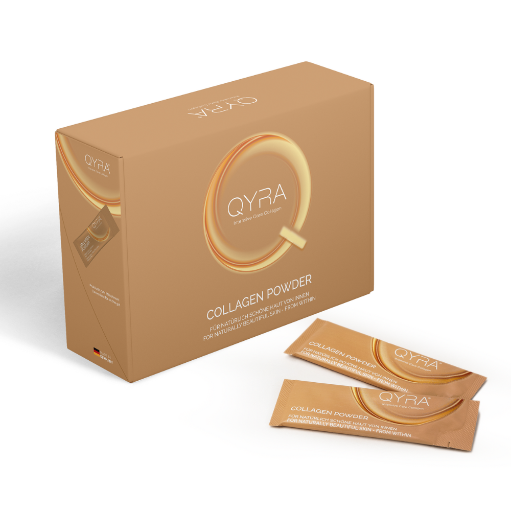 Verpackung von QYRA Kollagen Pulver mit Einzelsticks – Kollagenhydrolysat zur Unterstützung der Hautelastizität