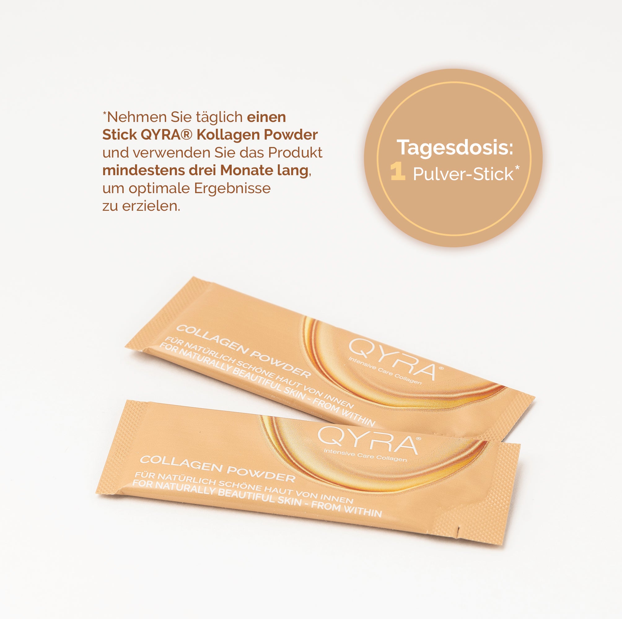 Ein Stick QYRA Kollagen Pulver mit Dosierungsempfehlung – VERISOL® Kollagenpeptide zur Hautverbesserung