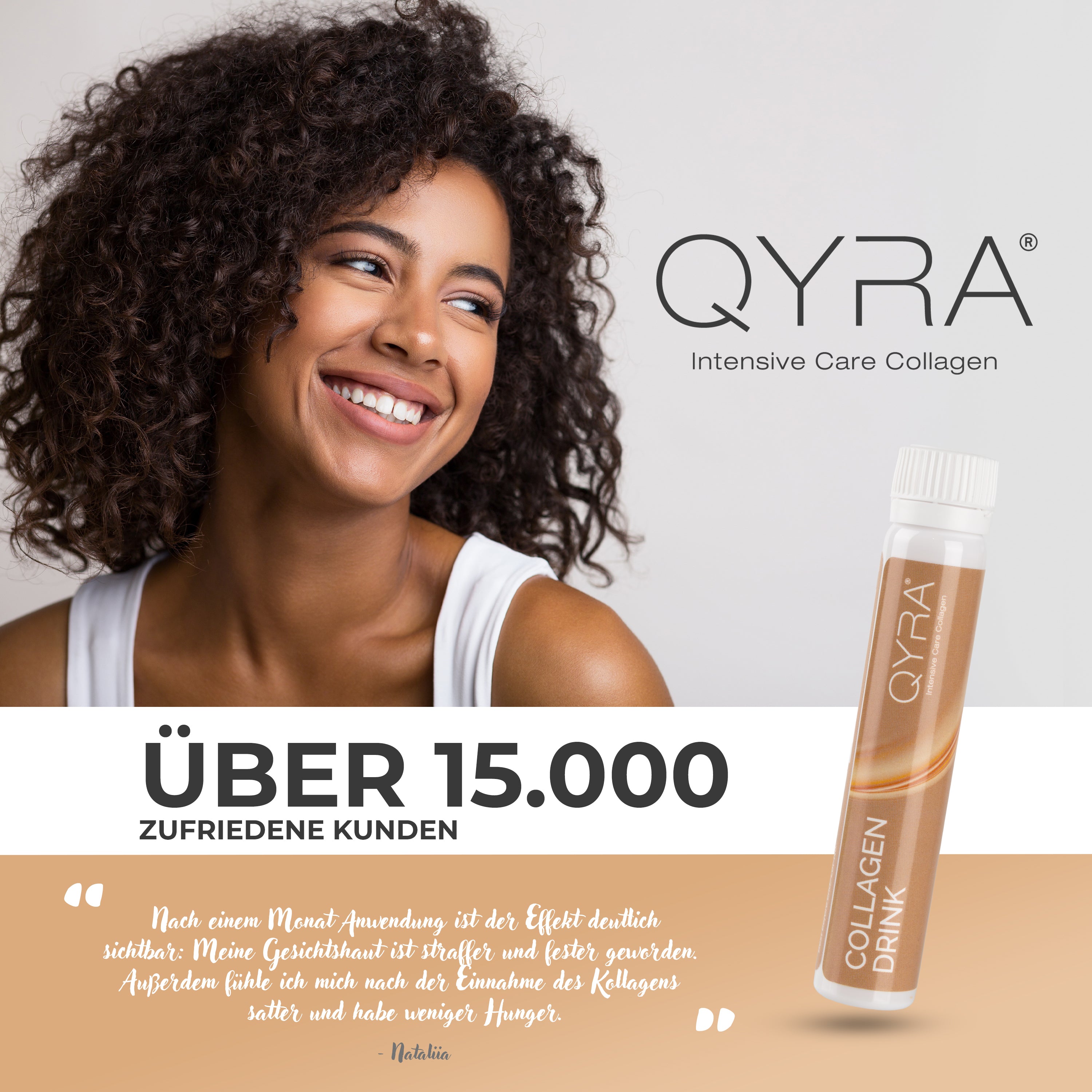 Kundin berichtet über QYRA Kollagen Drink – über 15.000 zufriedene Kunden, straffere Haut nach einem Monat Einnahme