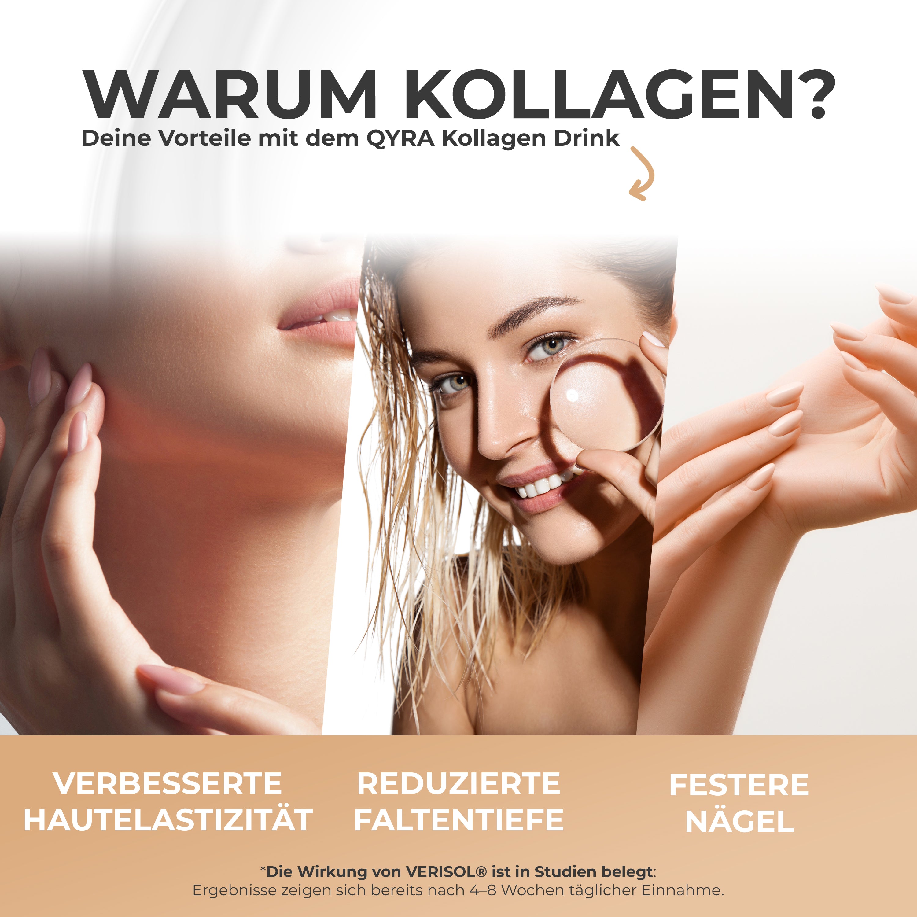 QYRA Kollagen Drink Wirkung – verbesserte Hautelastizität, reduzierte Faltentiefe und festere Nägel dank VERISOL® nach 4–8 Wochen