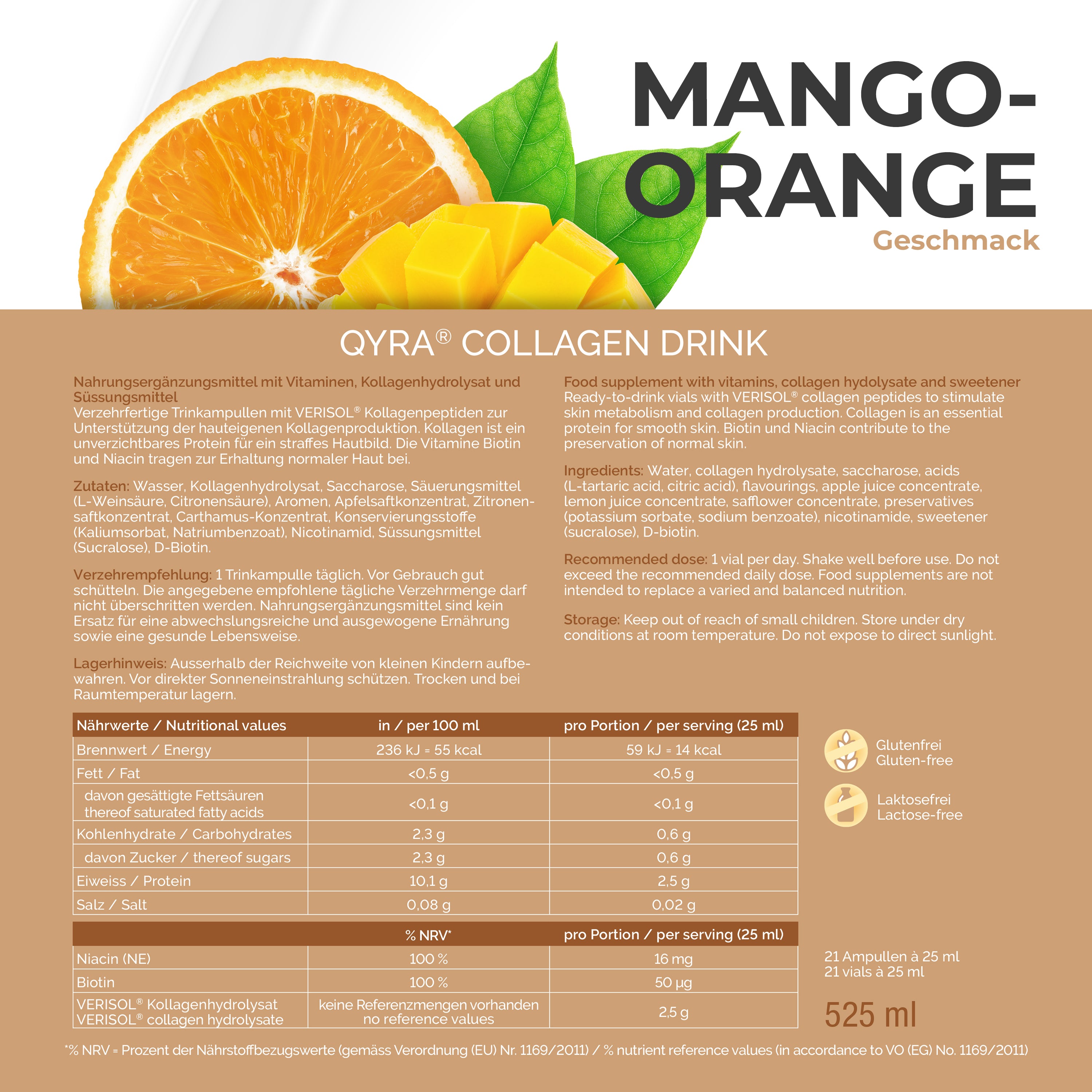 Nährwerte QYRA Kollagen Drink Mango-Orange – 2,5 g VERISOL® Kollagenhydrolysat pro 25 ml Ampulle, glutenfrei und laktosefrei