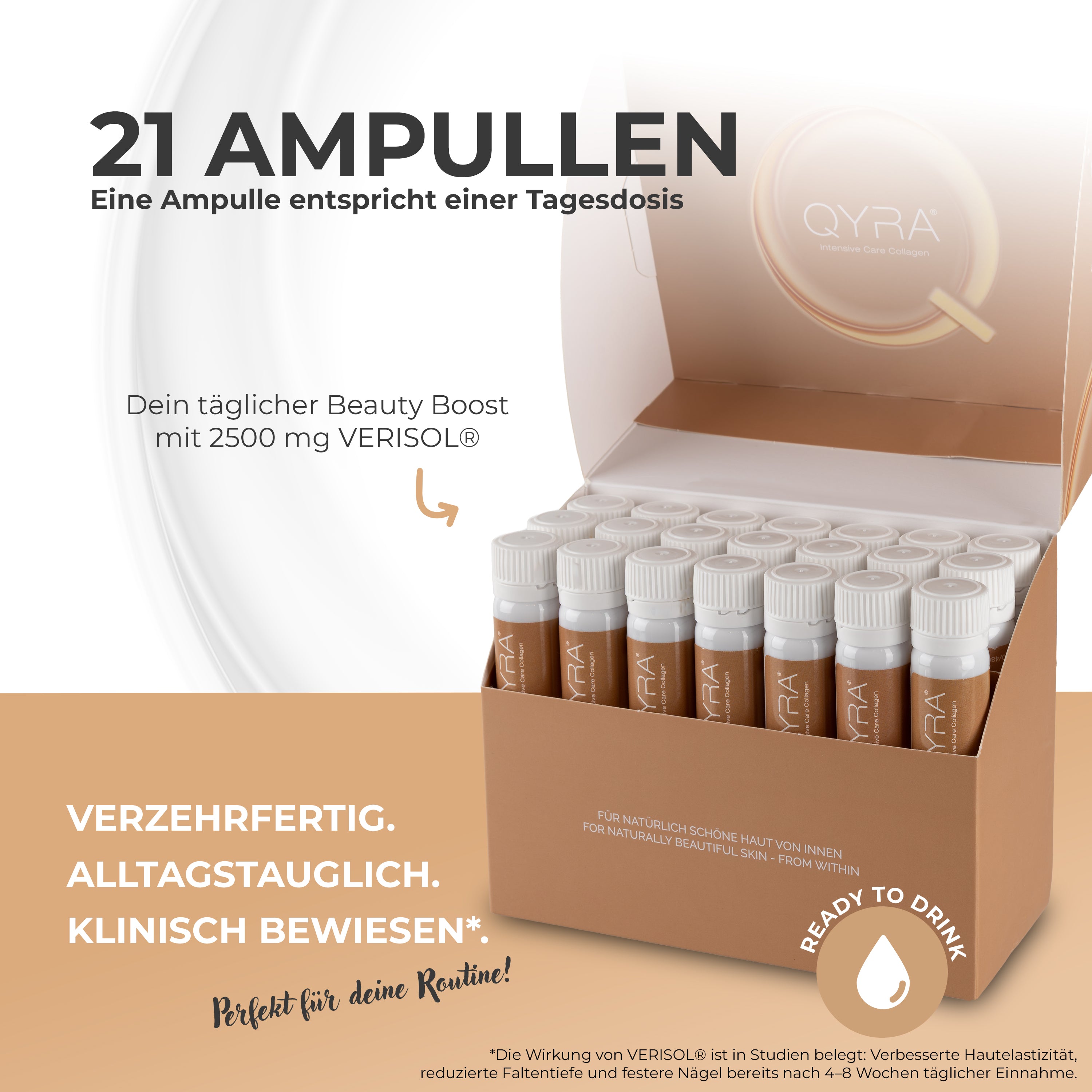 QYRA Kollagen Drink 21 Ampullen – eine Ampulle pro Tag liefert 2.500 mg VERISOL® Kollagenpeptide, klinisch bestätigt