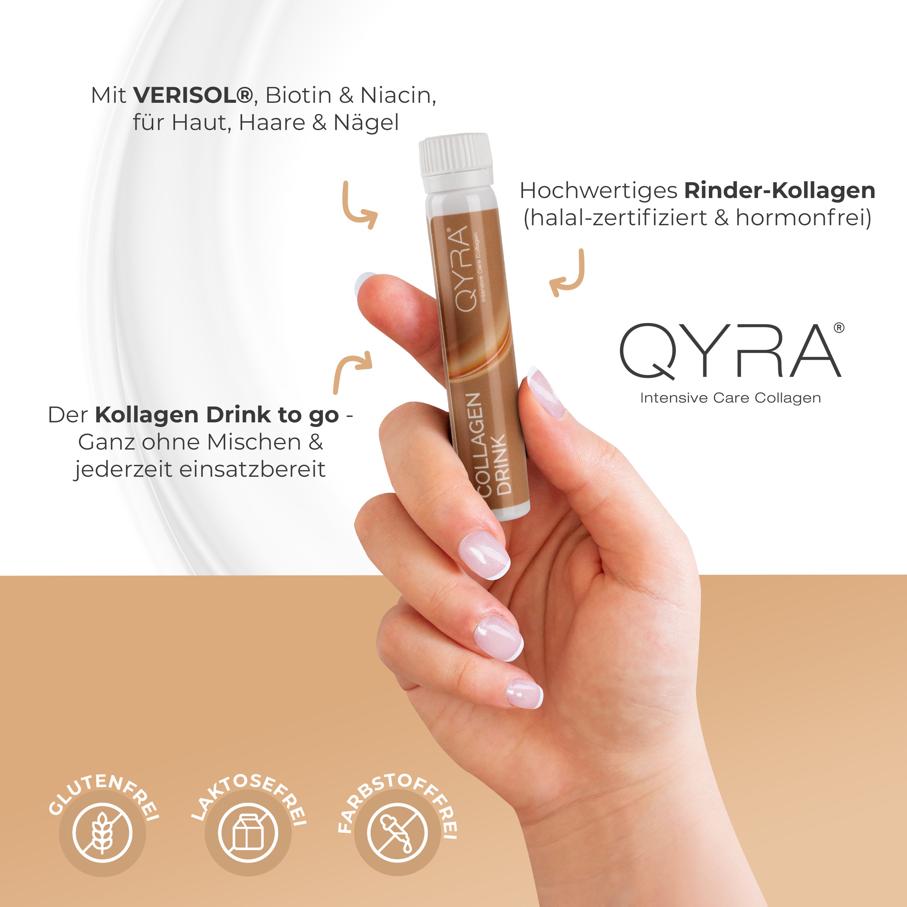 QYRA Kollagen Drink Ampulle – mit VERISOL®, Biotin und Niacin für Haut, Haare und Nägel, halal-zertifiziert, laktosefrei