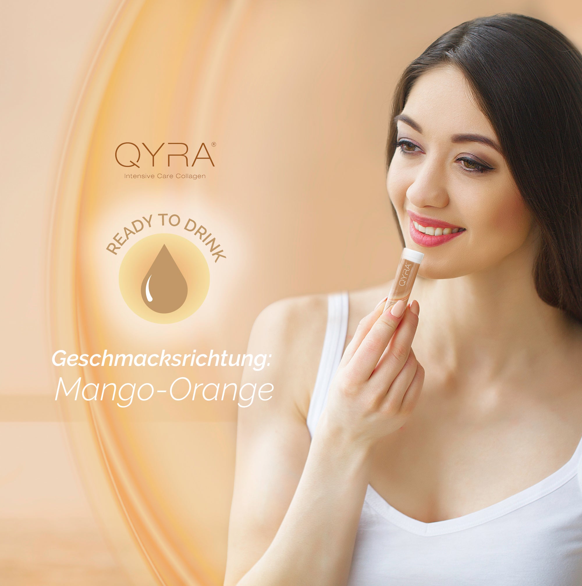 Einfach einzunehmen: QYRA Kollagen Drink im Mango-Orange Geschmack