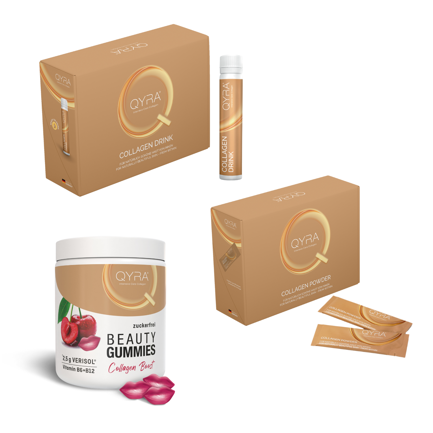 QYRA Kollagen Bundle mit VERISOL® – Kollagen Drink, Kollagen Pulver und zuckerfreien Kollagen Gummies für strahlende Haut, Haare und Nägel