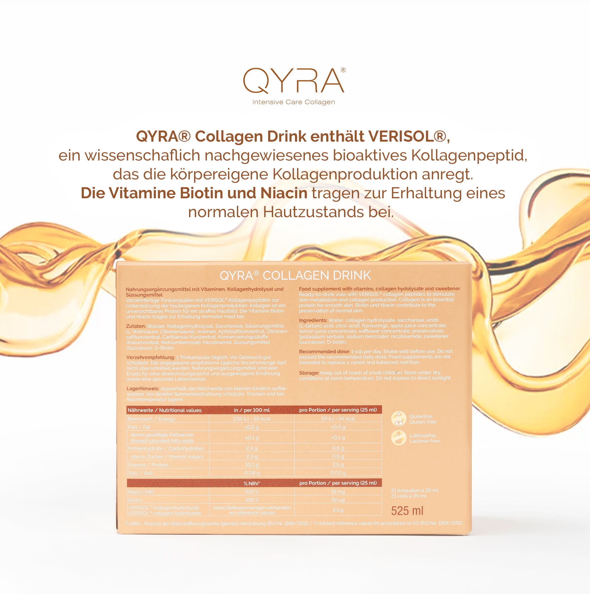 Infos zu Inhaltsstoffen und Nährwerten des QYRA Kollagen Drinks mit Biotin und Niacin