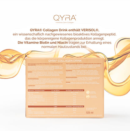 Infos zu Inhaltsstoffen und Nährwerten des QYRA Kollagen Drinks mit Biotin und Niacin