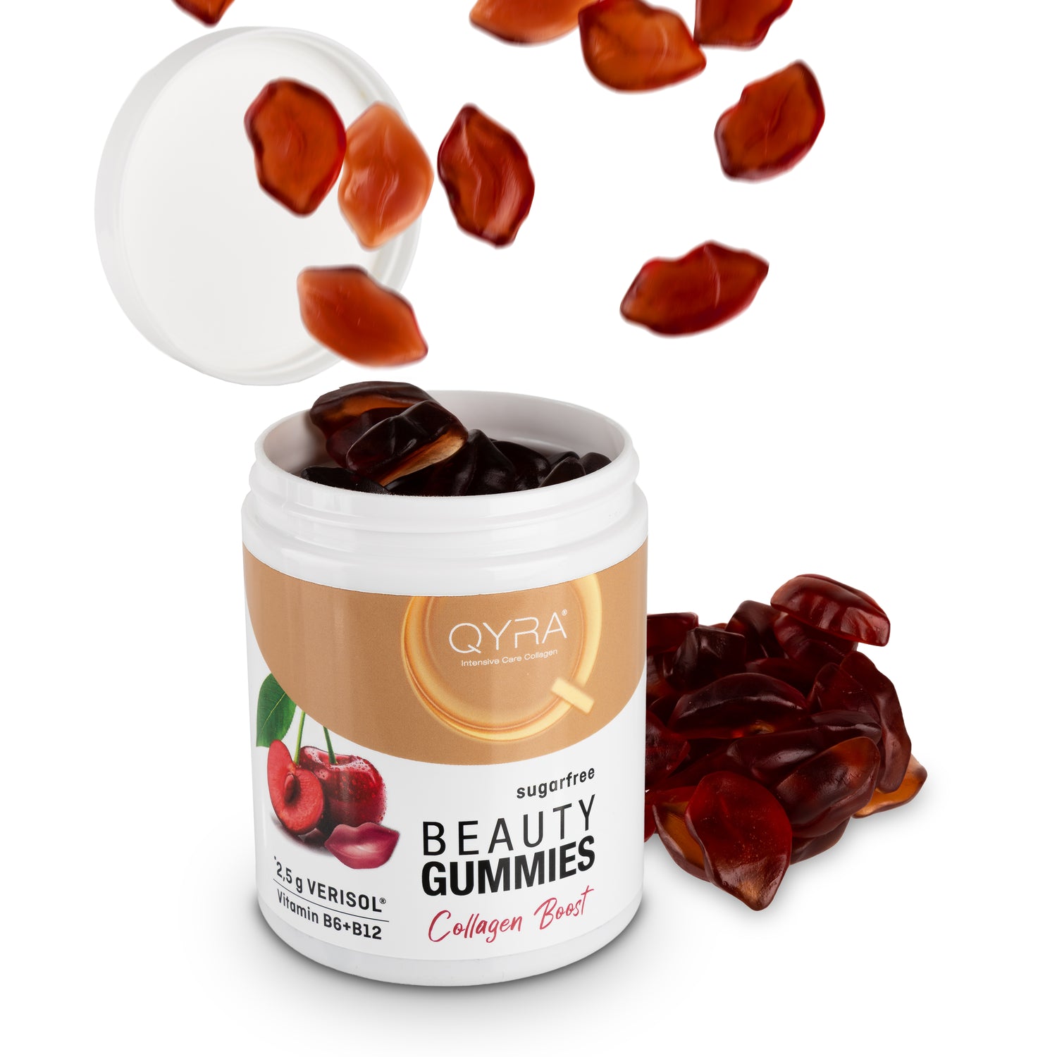 QYRA Kollagen Gummibärchen Dose geöffnet mit lippenförmigen Beauty Gummies und VERISOL Kollagenpeptiden