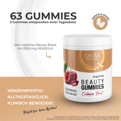 QYRA Kollagen Gummibärchen – 63 Stück pro Dose, 3 Gummies als Tagesdosis mit 2500 mg VERISOL Kollagenpeptiden, zuckerfrei und klinisch bewiesen