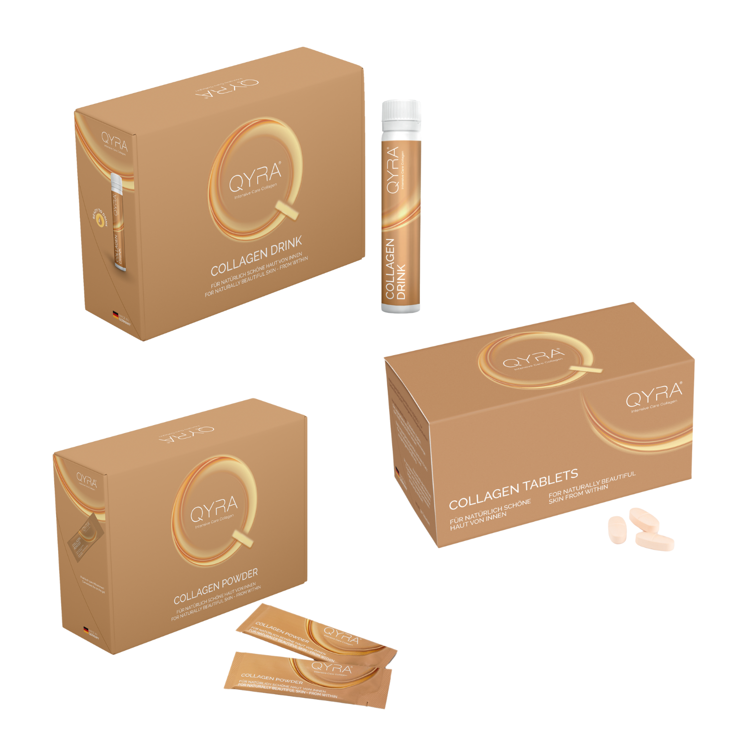 QYRA Kollagen Bundle mit Drink, Pulver und Tabletten – Premium Beauty-Kollagenkur mit VERISOL Kollagenpeptiden zur Unterstützung von Hautelastizität, Glätte und Festigkeit.