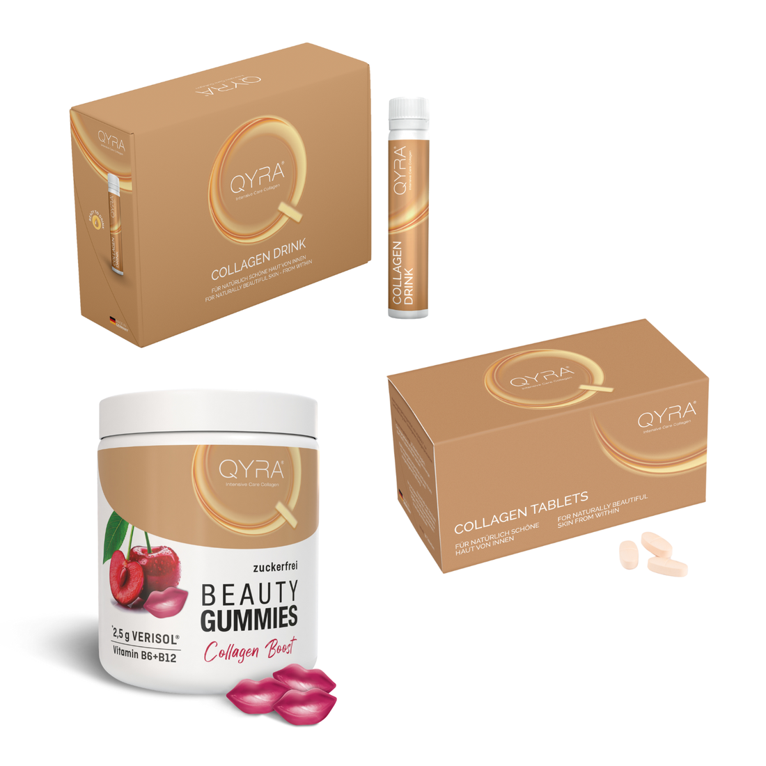 QYRA Kollagen Bundle mit Drink, Tabletten und Gummibärchen – drei VERISOL® Kollagenprodukte für eine umfassende Beauty-Kur.