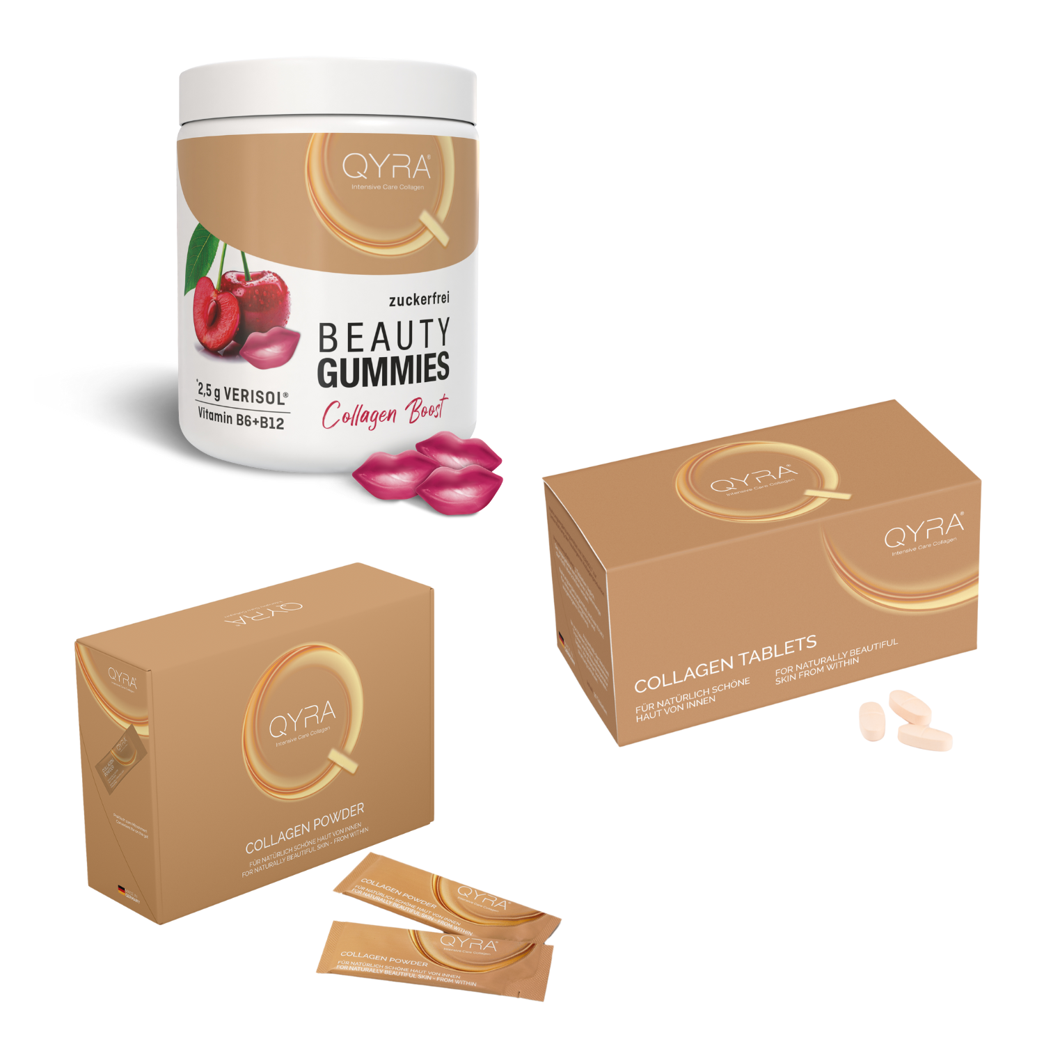 QYRA Kollagen Bundle mit Gummies, Kollagen Pulver und Tabletten – 3-in-1 Beauty-Kollagenkur mit VERISOL® für straffere Haut