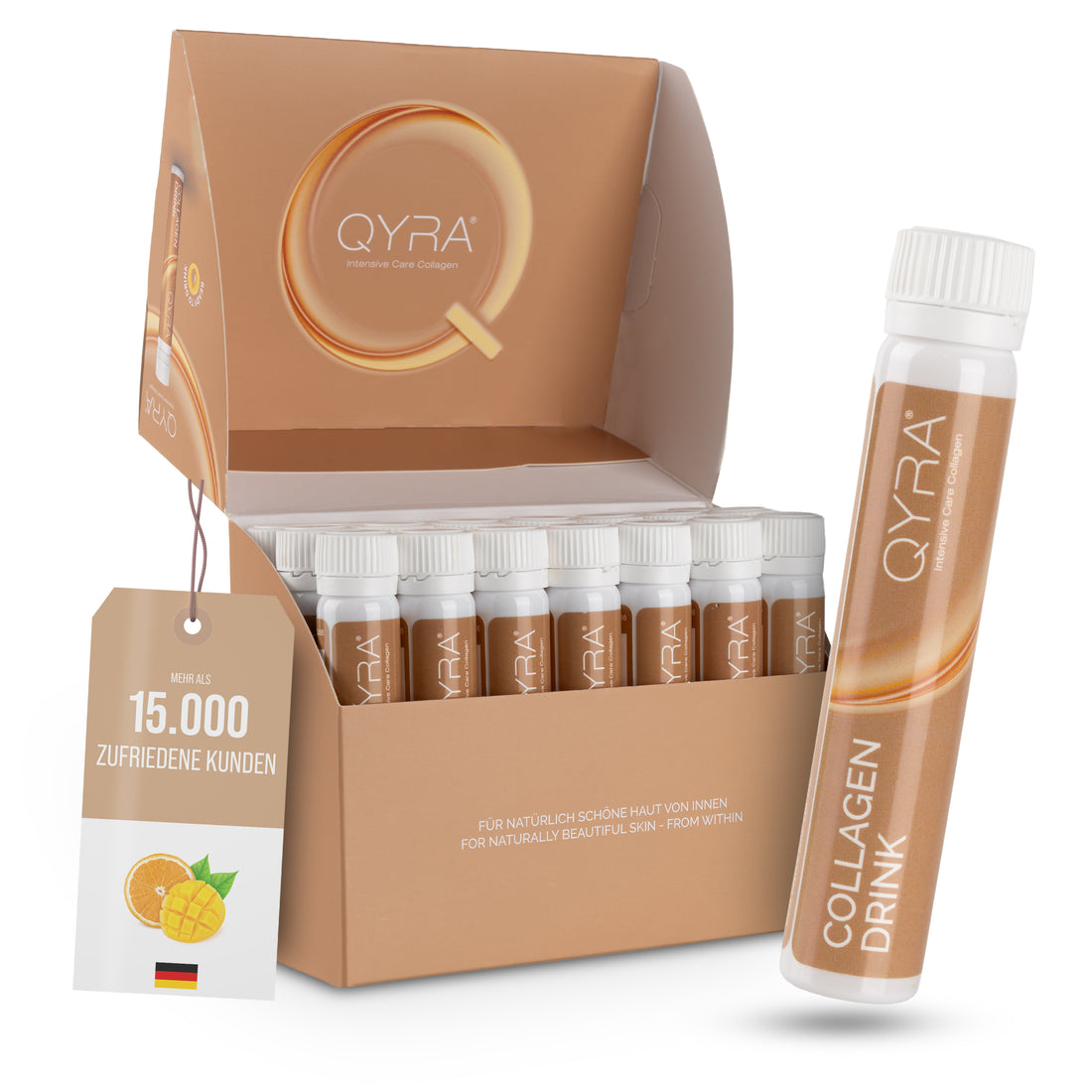 QYRA Kollagen Drink – Box mit 21 Ampullen und 2.500 mg VERISOL® Kollagenpeptiden für straffe Haut von innen