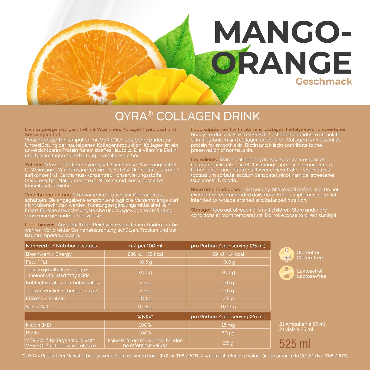 Nährwerte QYRA Kollagen Drink Mango-Orange – 2,5 g VERISOL® Kollagenhydrolysat pro 25 ml Ampulle, glutenfrei und laktosefrei