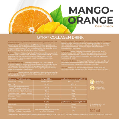 Nährwerte QYRA Kollagen Drink Mango-Orange – 2,5 g VERISOL® Kollagenhydrolysat pro 25 ml Ampulle, glutenfrei und laktosefrei
