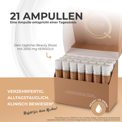 QYRA Kollagen Drink 21 Ampullen – eine Ampulle pro Tag liefert 2.500 mg VERISOL® Kollagenpeptide, klinisch bestätigt