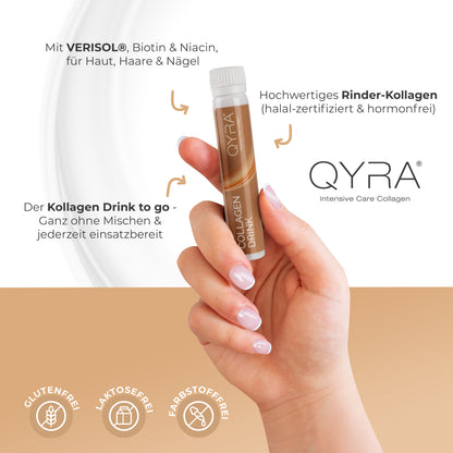 QYRA Kollagen Drink Ampulle – mit VERISOL®, Biotin und Niacin für Haut, Haare und Nägel, halal-zertifiziert, laktosefrei
